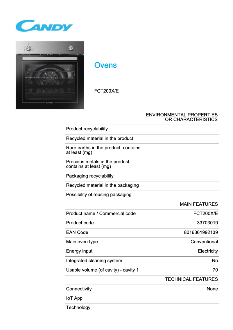 Page 1 of the manual Technical Sheet Candy FCT200X/E