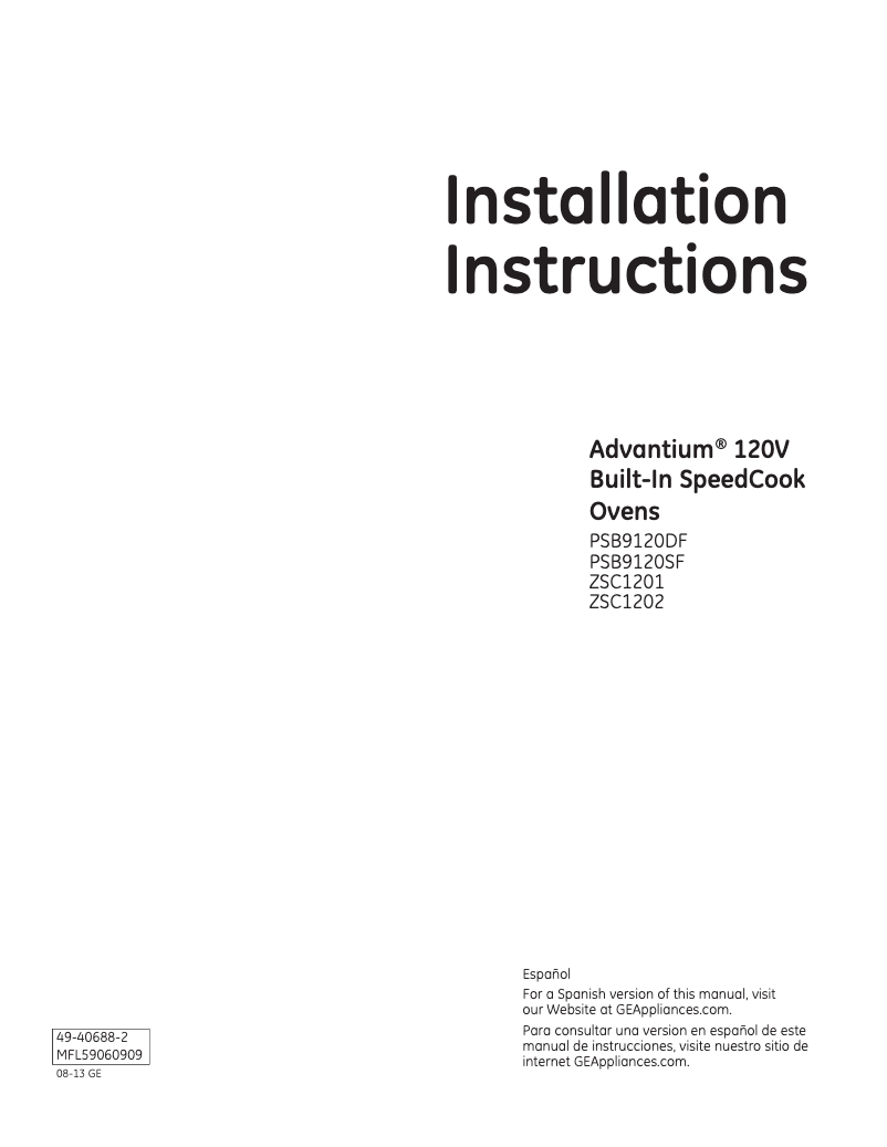 Page 1 of the manual Installation Guide GE PSB9120SFSS
