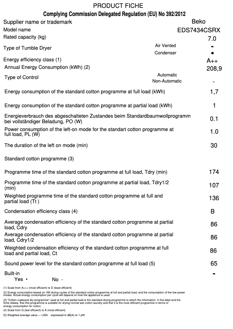 Page 1 of the manual Technical Sheet Beko EDS7434CSRX