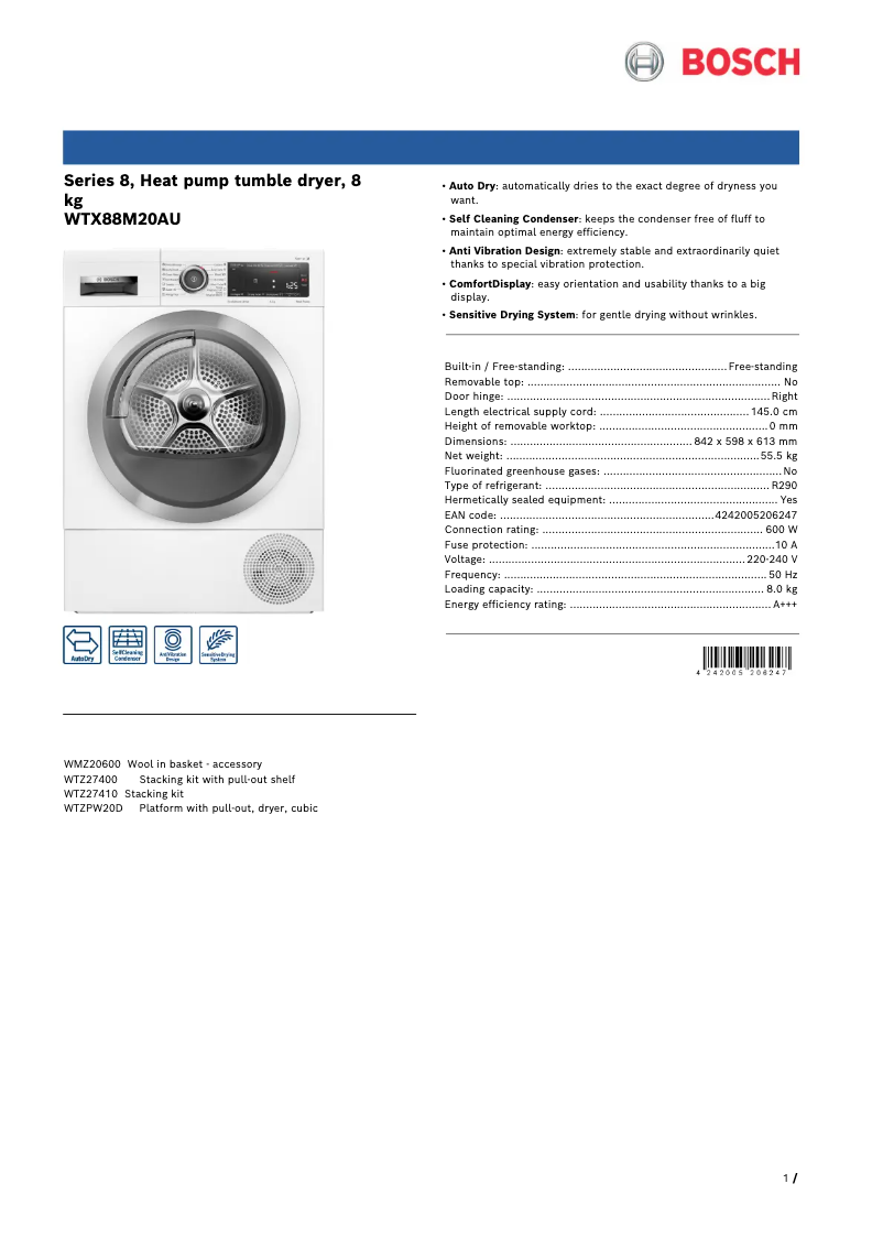 Page 1 of the manual Technical Sheet Bosch Serie 8 WTX88M20AU