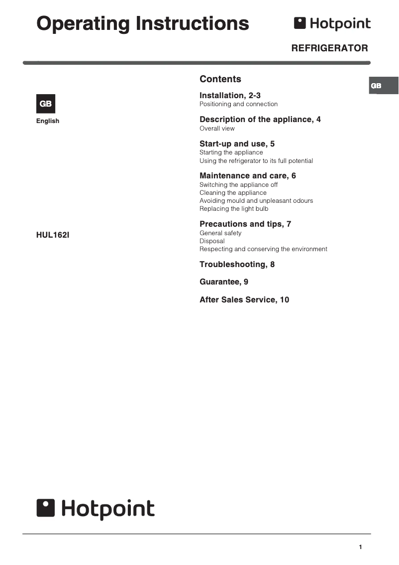 First page image of the manual for HUL162I