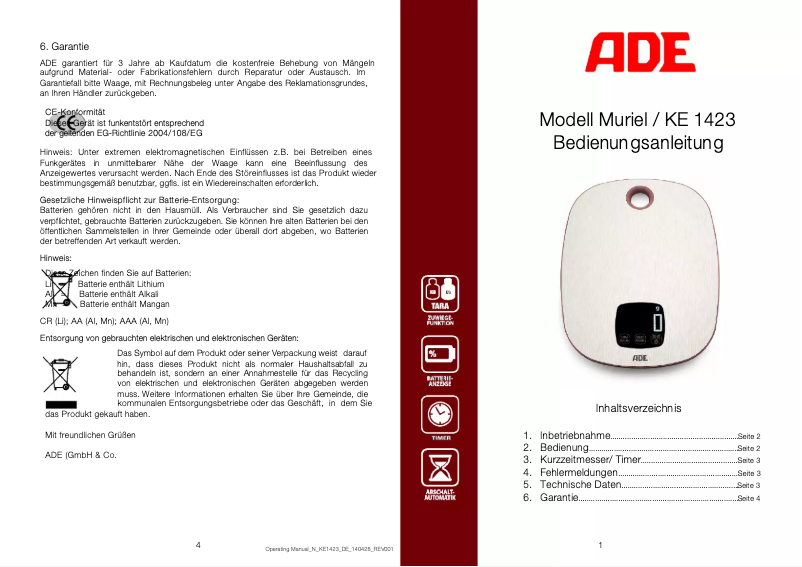 Page 1 of the manual User Manual ADE Muriel KE 1423
