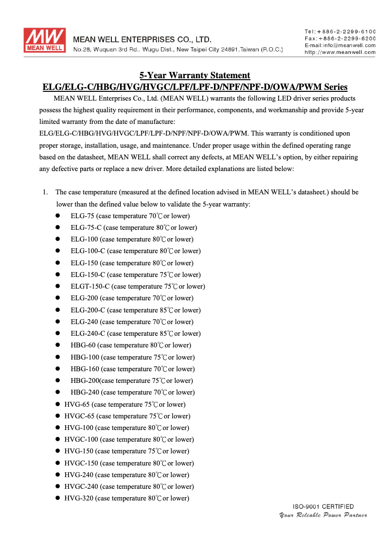 Page 1 of the manual Warranty Information Mean Well ELG-150-24A-3Y
