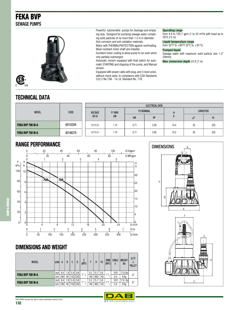 Page 1 of the manual Technical Sheet DAB Feka BVP 750 M-A