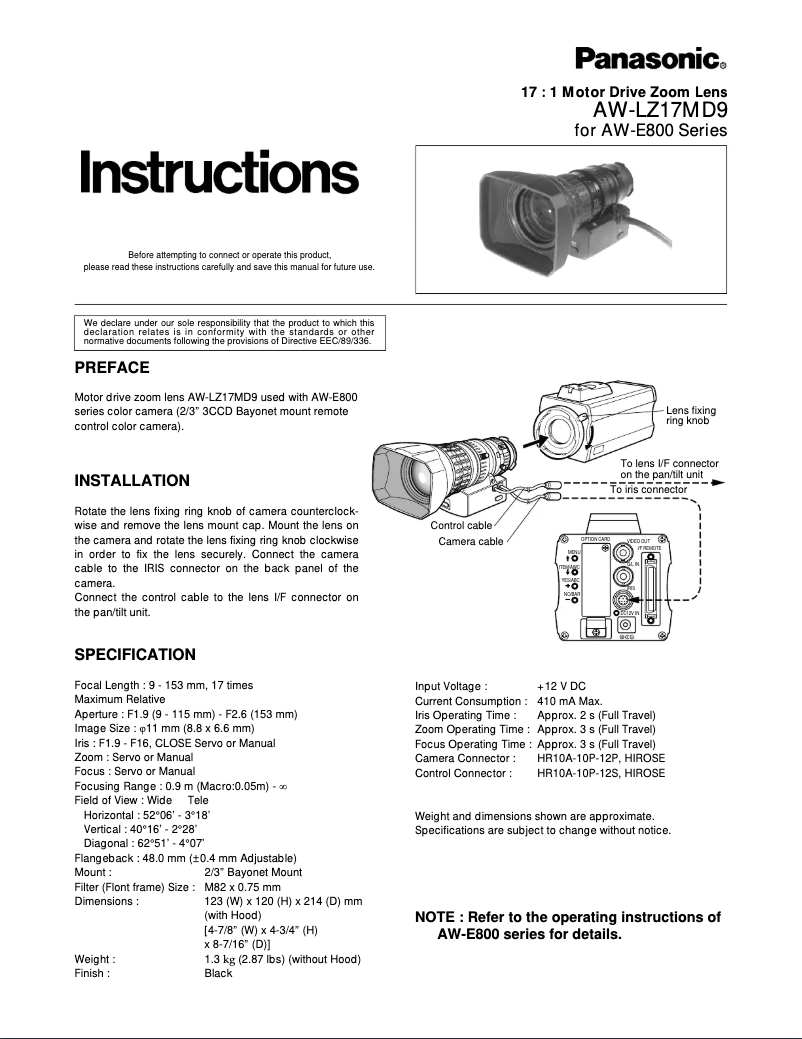 Page 1 of the manual User Manual Panasonic AW-LZ17MD9