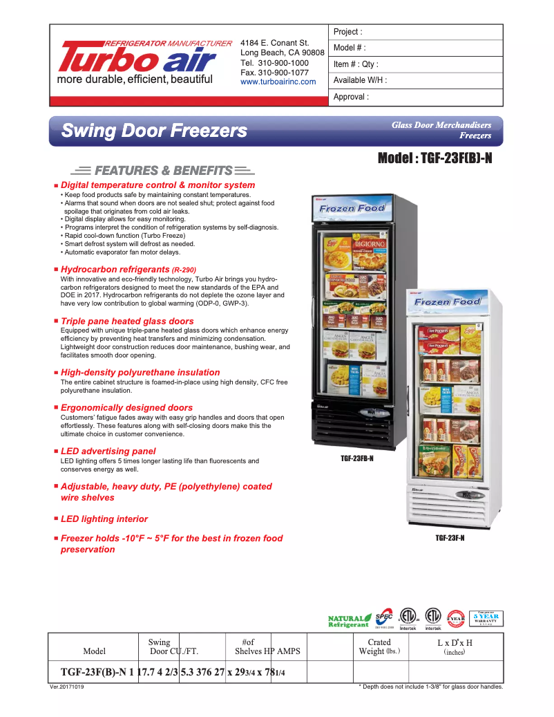 Page 1 of the manual Technical Sheet Turbo air TGF-23F