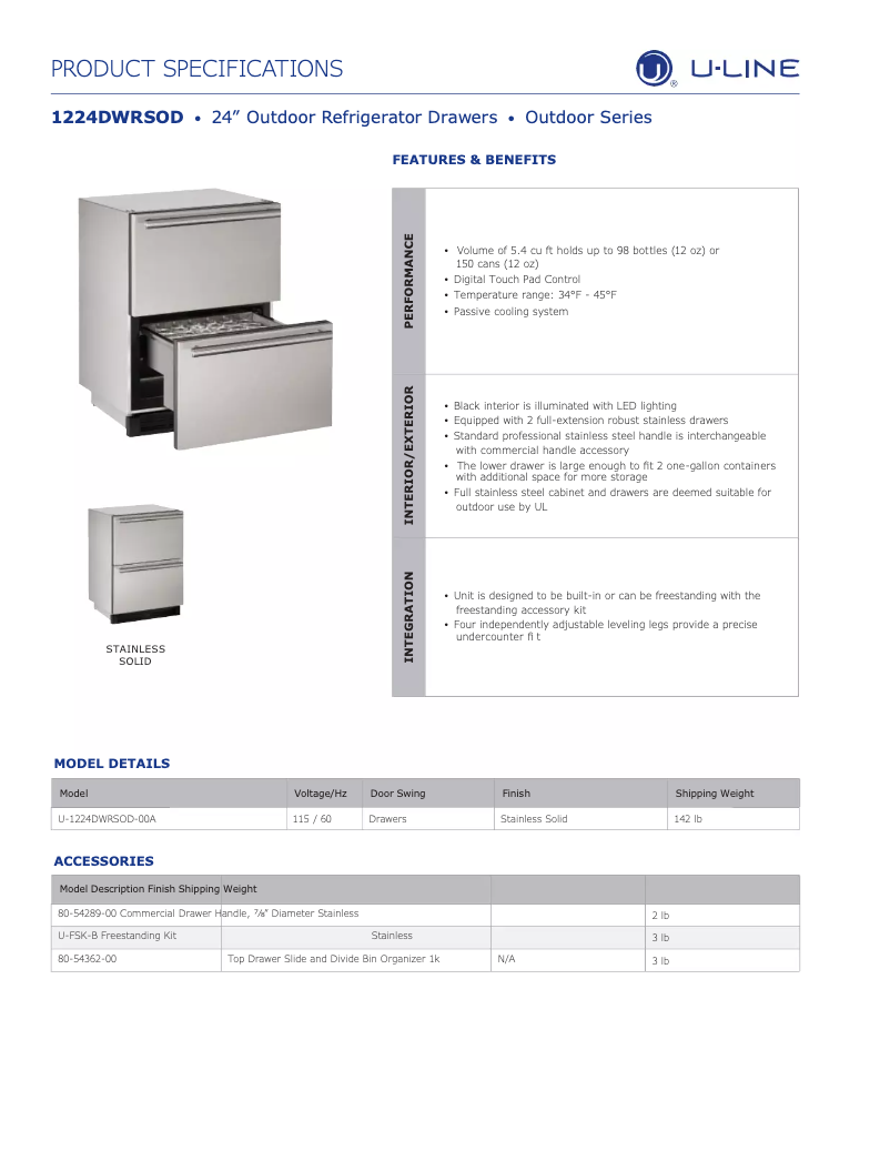 Page 1 of the manual Technical Sheet U-Line U-1224DWROD