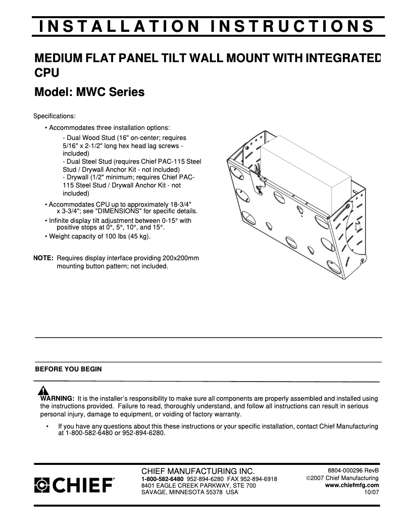 Page 1 of the manual User Manual Chief MWC6000