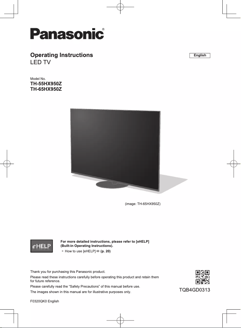 First page image of the manual for TH-65HX950Z