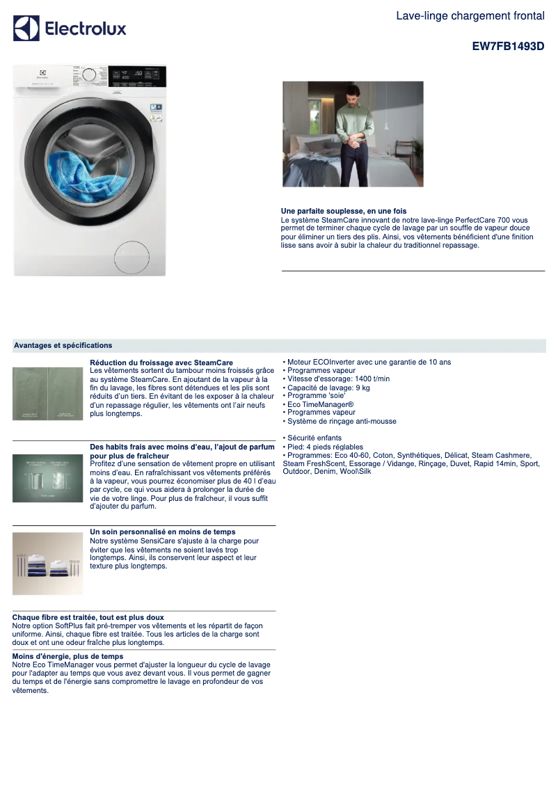 Page 1 of the manual Technical Sheet Electrolux EW7FB1493D