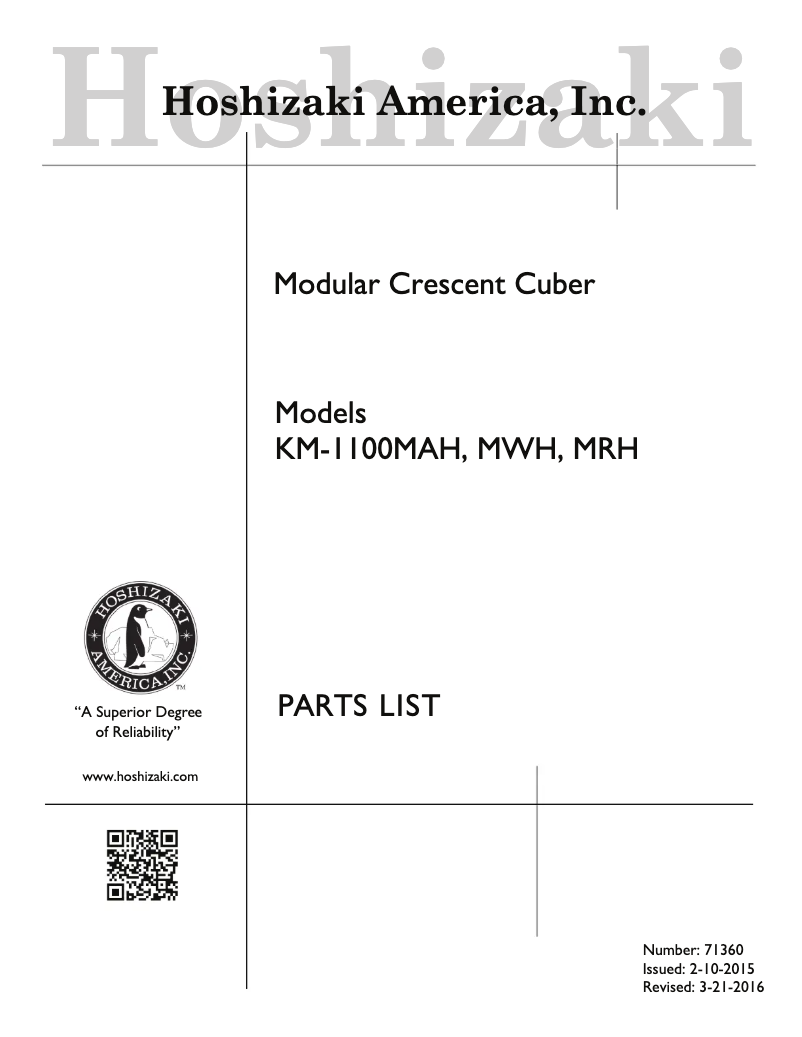 Page 1 of the manual User Manual Hoshizaki KM-1100MRH