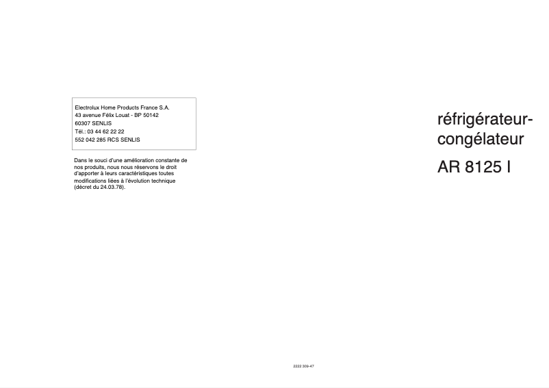 Page 1 of the manual User Manual Arthur Martin-Electrolux AR8125I