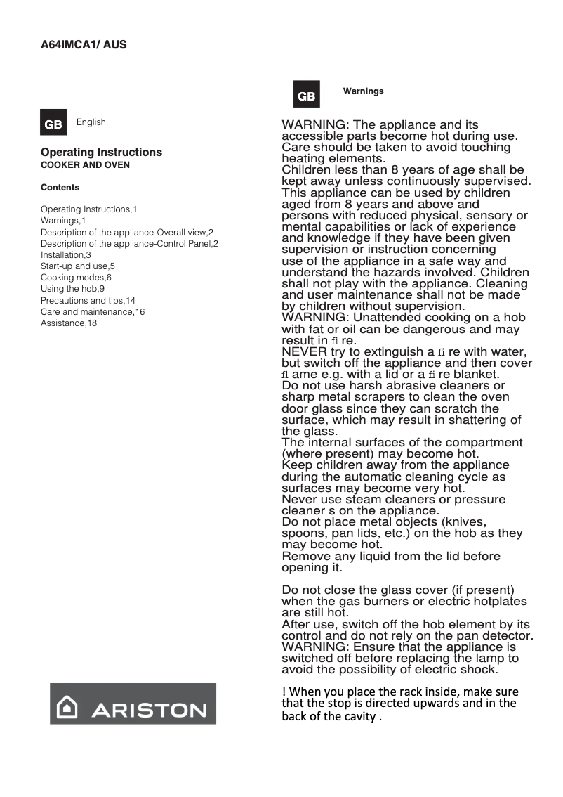 Page 1 of the manual User Manual Ariston Thermo A64IMCA 1(X) AUS