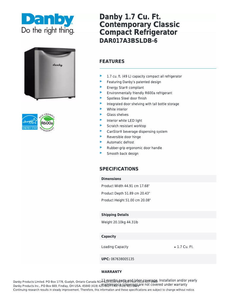 Page 1 of the manual Technical Sheet Danby DAR017A3BSLDB-6