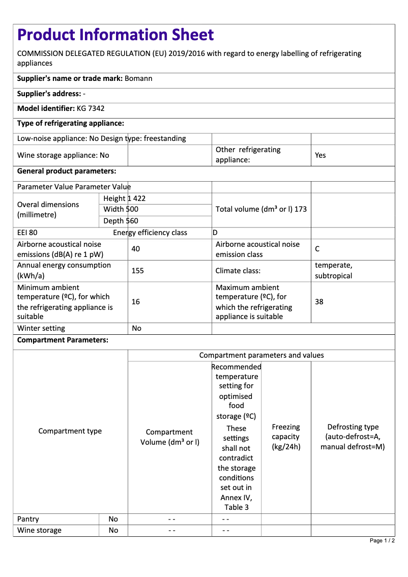 Page 1 of the manual Technical Sheet Bomann KG 7342