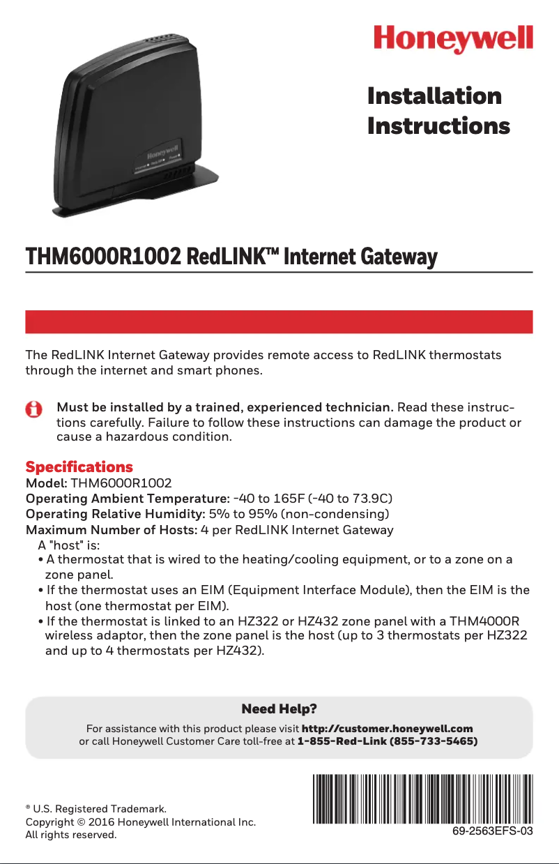 First page image of the manual for RedLink THM6000R1002