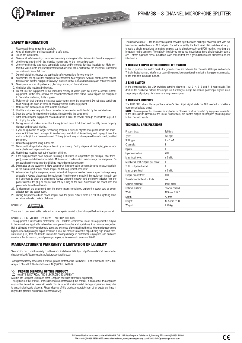 Page 1 of the manual User Manual Palmer PRMMS8