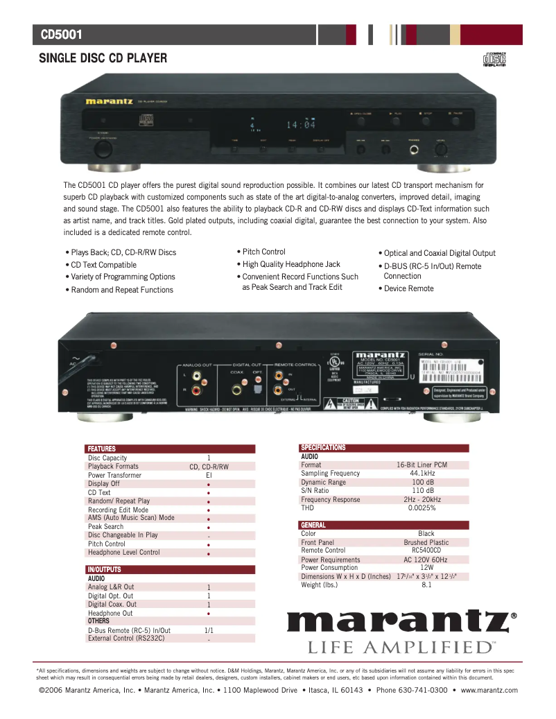 Page 1 of the manual Technical Sheet Marantz CD5001