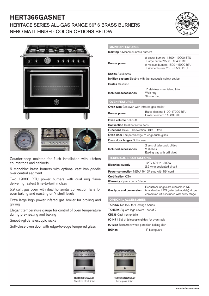 Page 1 of the manual Technical Sheet Bertazzoni HERT366GASNET