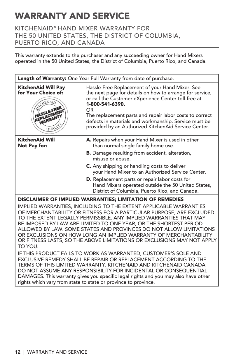 Page 1 of the manual Warranty Information KitchenAid KHM7212QGA