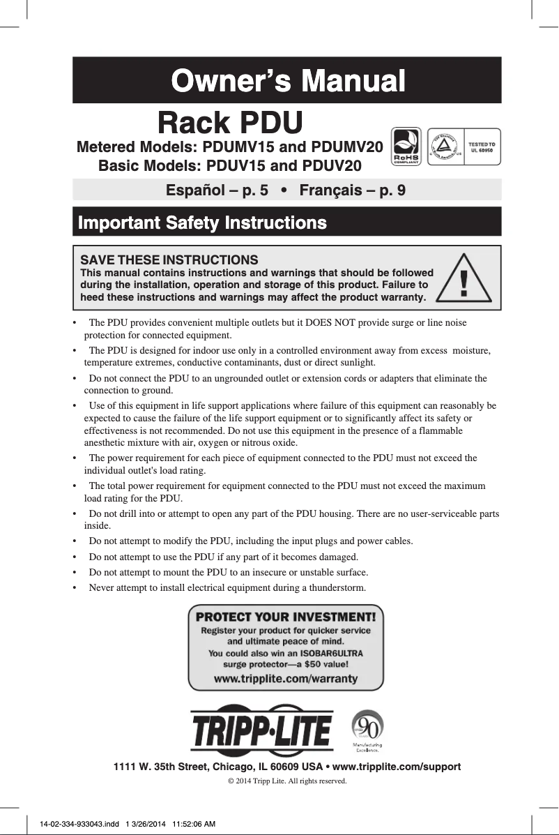 Page 1 of the manual User Manual Tripp Lite PDUMV20
