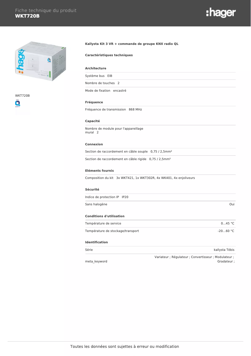 Page 1 of the manual Technical Sheet Hager WKT720B