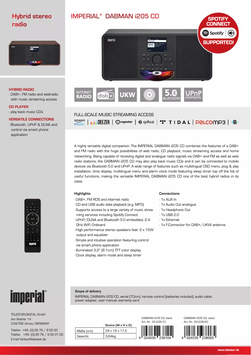 Page 1 of the manual Technical Sheet Imperial DABMAN i205 CD
