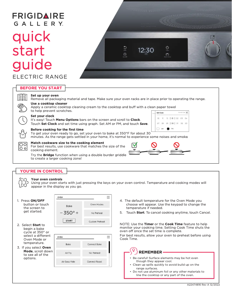 Page 1 of the manual Quick Start Guide Frigidaire GCFE3060BD