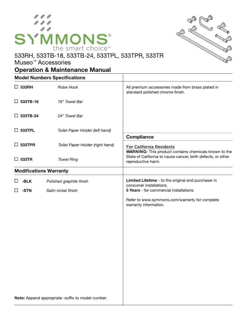 Page 1 of the manual User Manual Symmons Museo 533TPL
