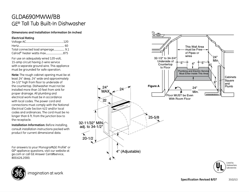 Page 1 of the manual Technical Sheet GE GLDA690MBB