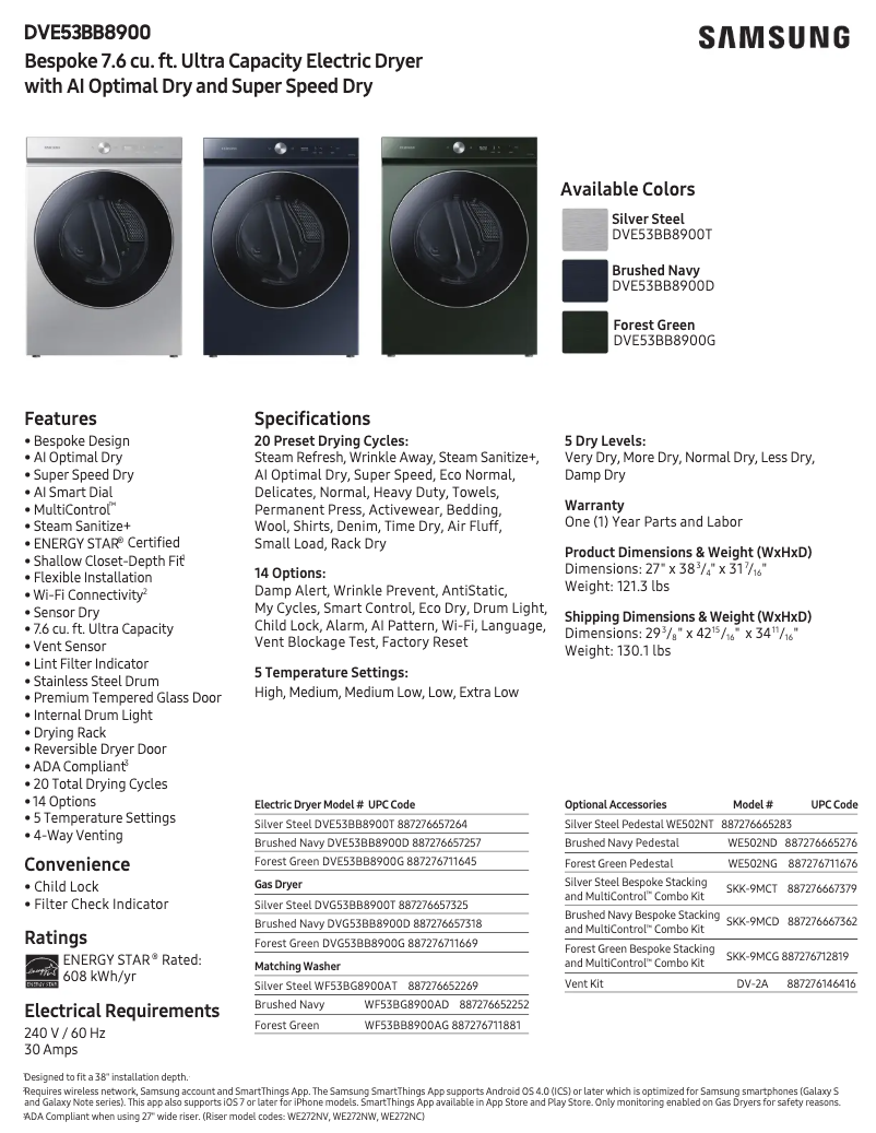 Page 1 of the manual Technical Sheet Samsung DVE53BB8900D