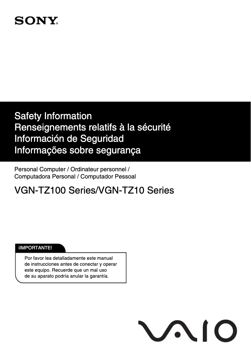 First page image of the manual for Vaio VGN-TZ170N