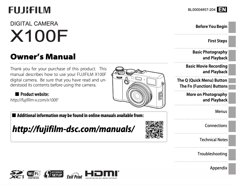 Page 1 de la notice Manuel utilisateur Fujifilm X100F