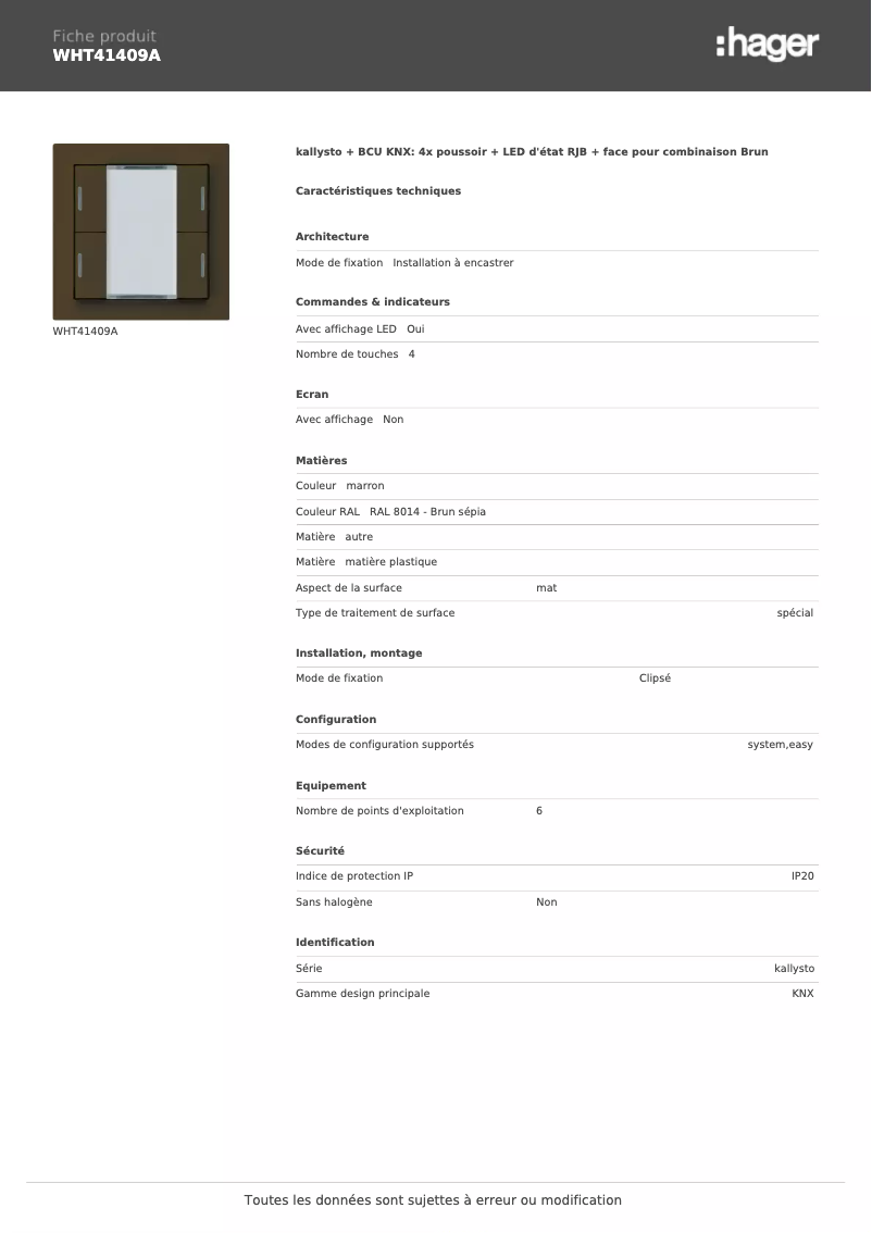 Page 1 of the manual Technical Sheet Hager WHT41409A