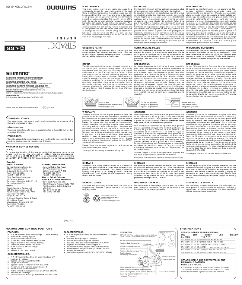 Page 1 of the manual User Manual Shimano Stradic 1000FH