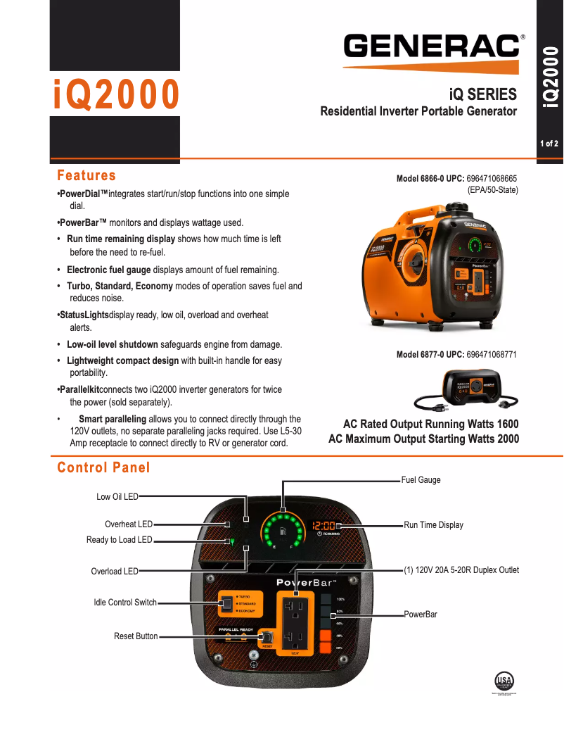 Page 1 of the manual Technical Sheet Generac iQ2000