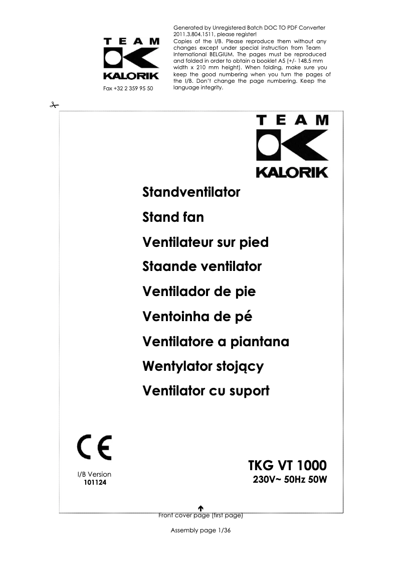 Page 1 de la notice Manuel utilisateur Kalorik TKG VT 1000