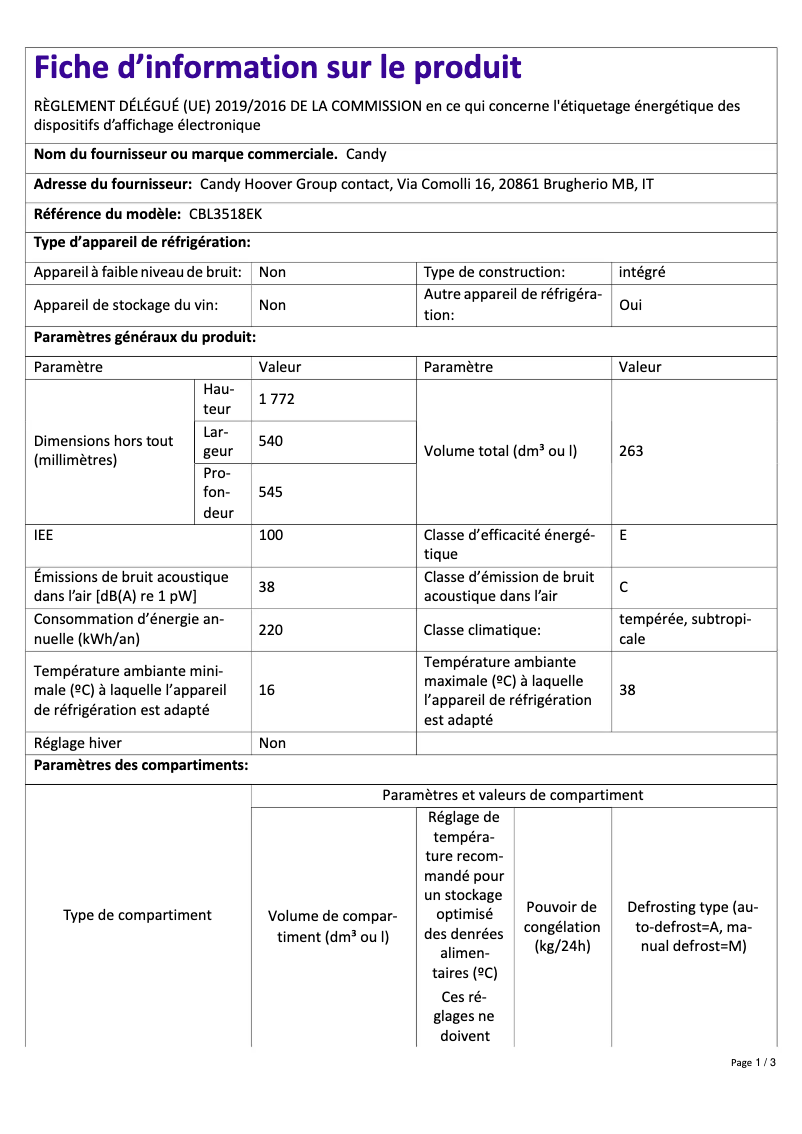 Page 1 of the manual Technical Sheet Candy CBL3518EK