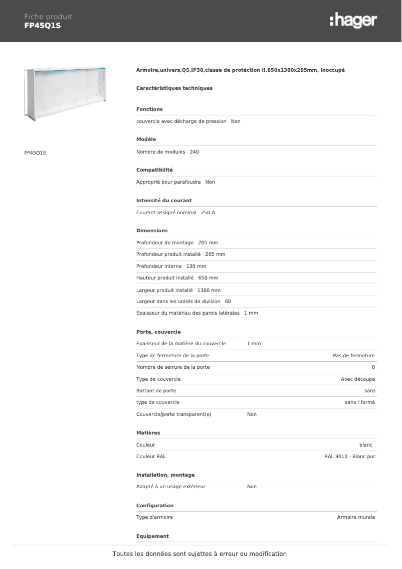 Page 1 of the manual User Manual Hager FP45Q1S