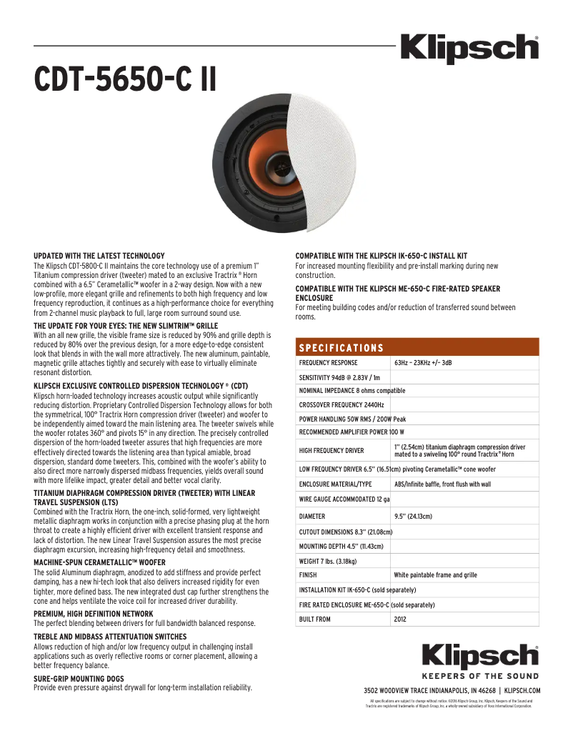 Page 1 of the manual Technical Sheet Klipsch CDT-5650-C II