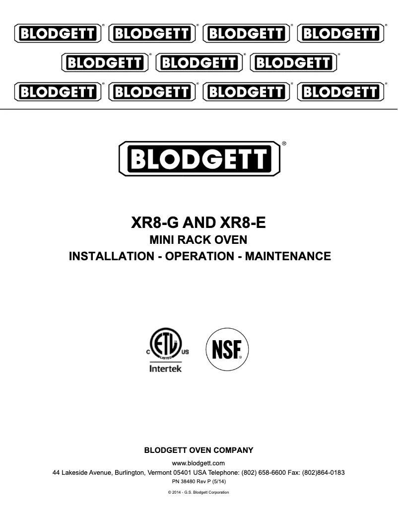 Page 1 of the manual User Manual Blodgett XR8-E
