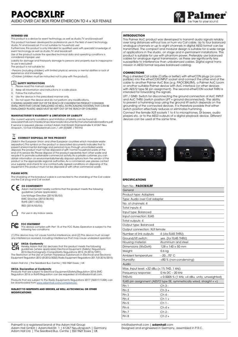 Page 1 of the manual User Manual Palmer AoC Box XLRf