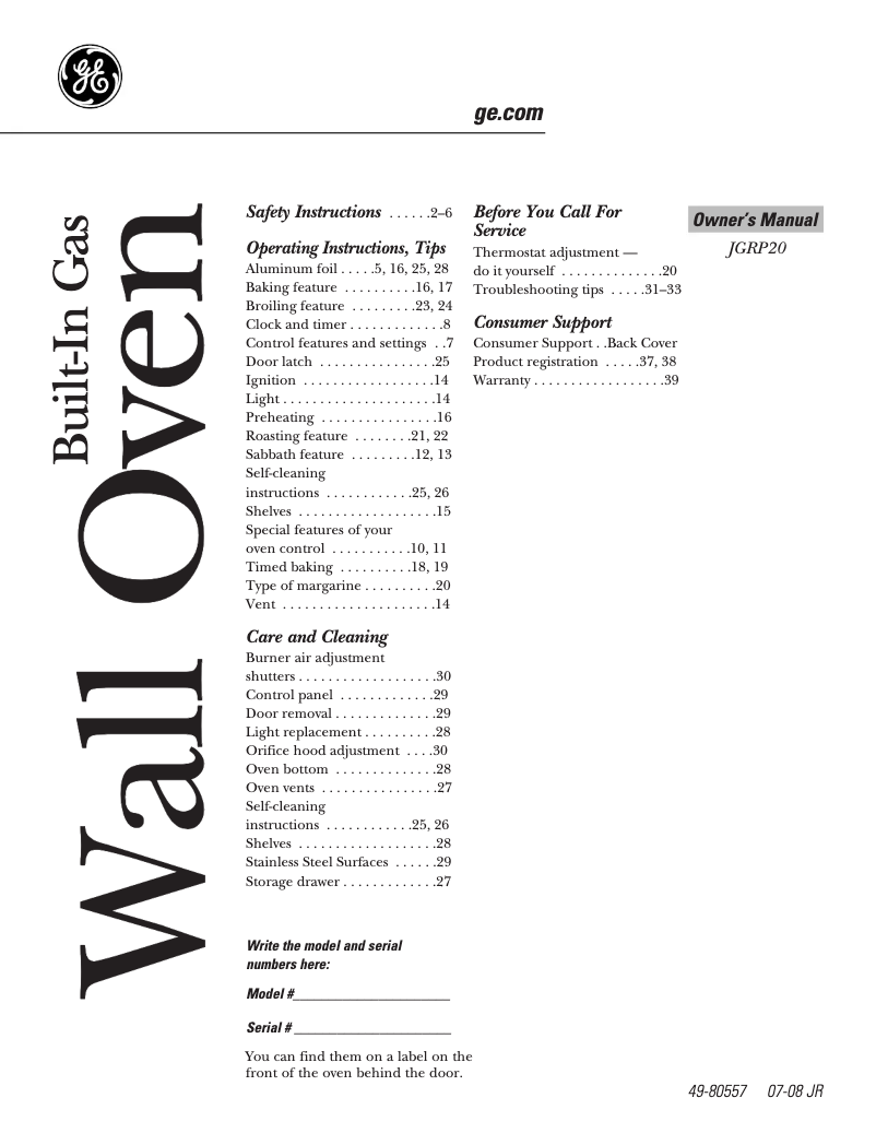 Page 1 of the manual User Manual GE JGRP20WH