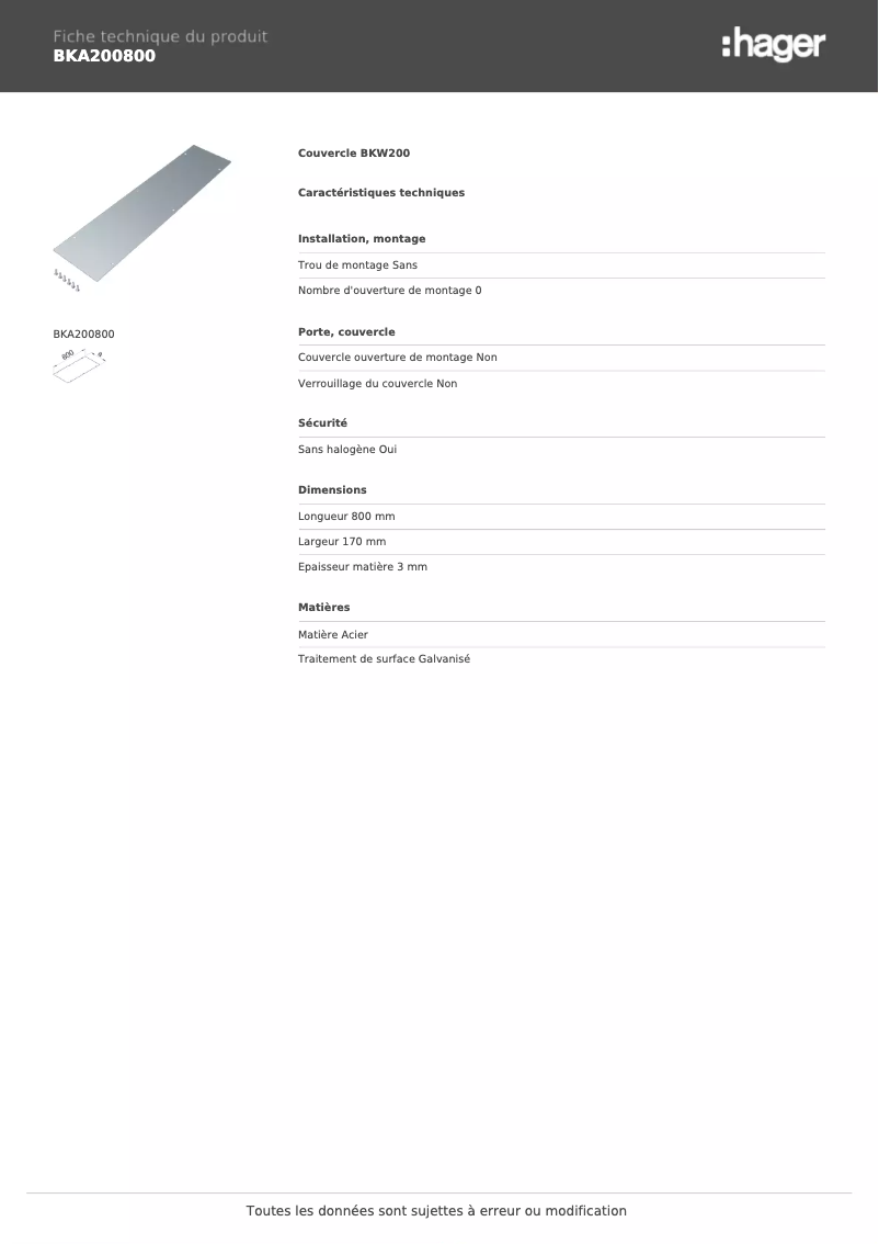 Page 1 of the manual Technical Sheet Hager BKA200800