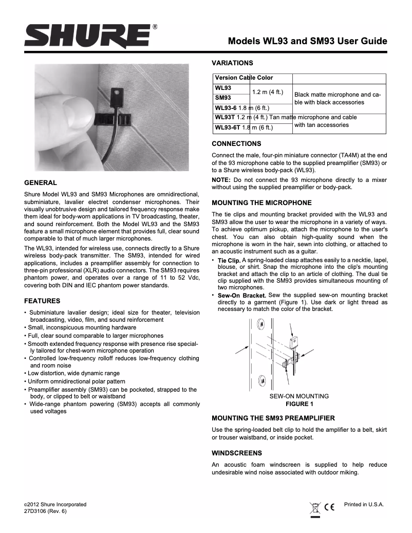 Page 1 of the manual User Manual Shure WL93