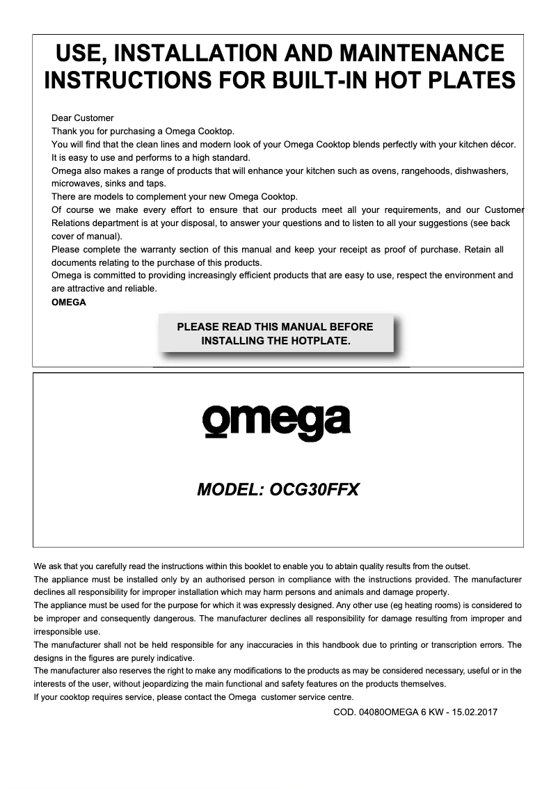Page 1 of the manual User Manual Omega OCG30FFX