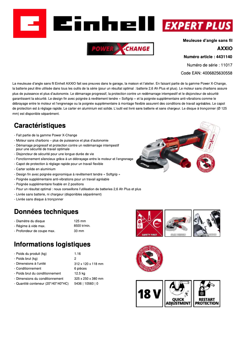 Page 1 of the manual Technical Sheet Einhell AXXIO