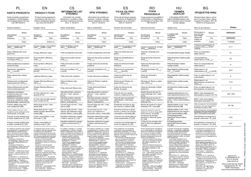 Page 1 of the manual Technical Sheet Amica OKP6659C