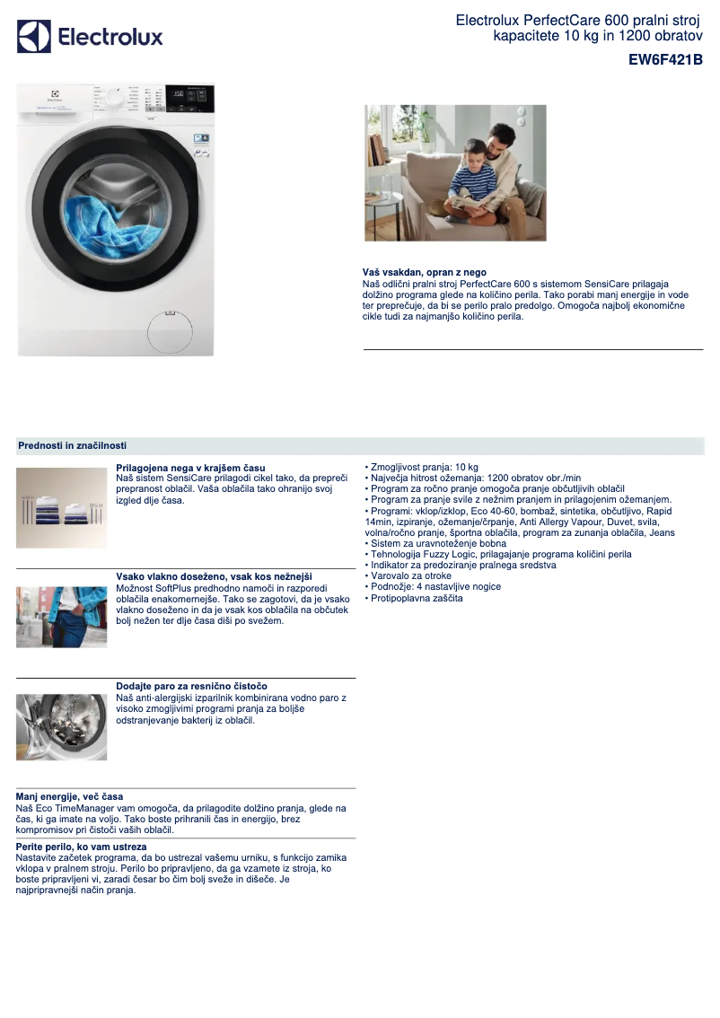 Page 1 of the manual Technical Sheet Electrolux EW6F421B
