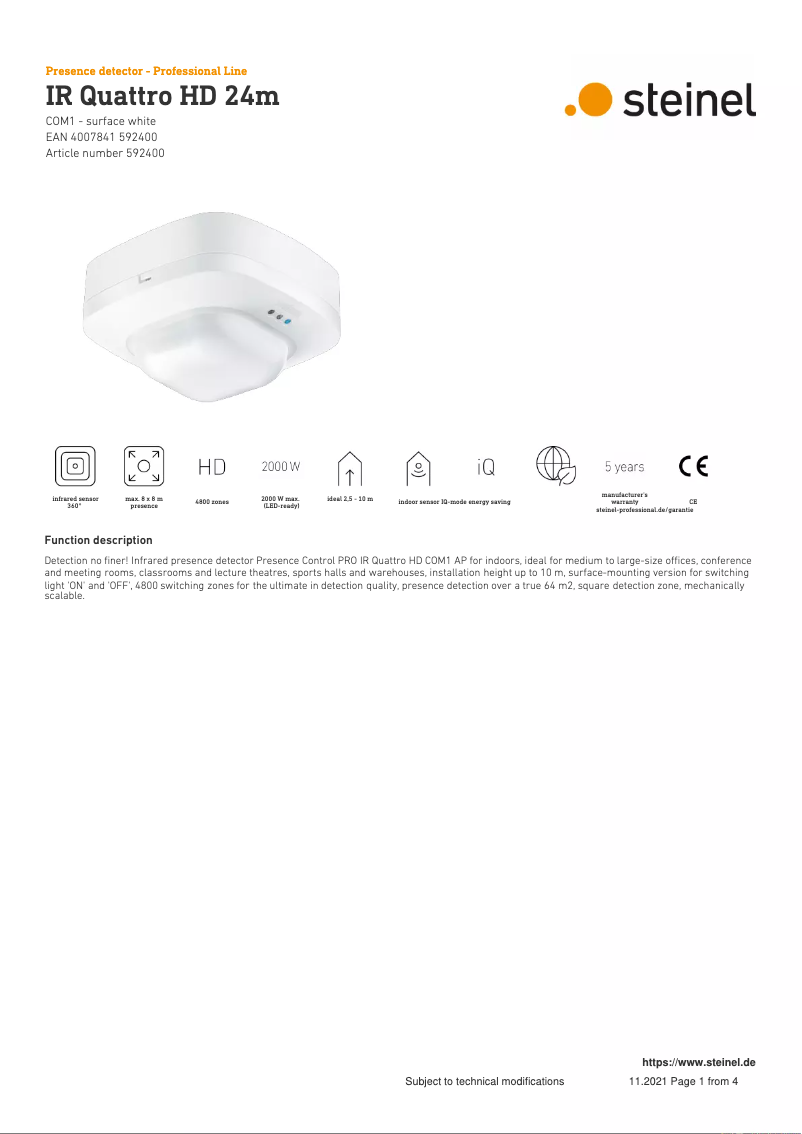 Page 1 of the manual Technical Sheet Steinel IR Quattro HD 24m